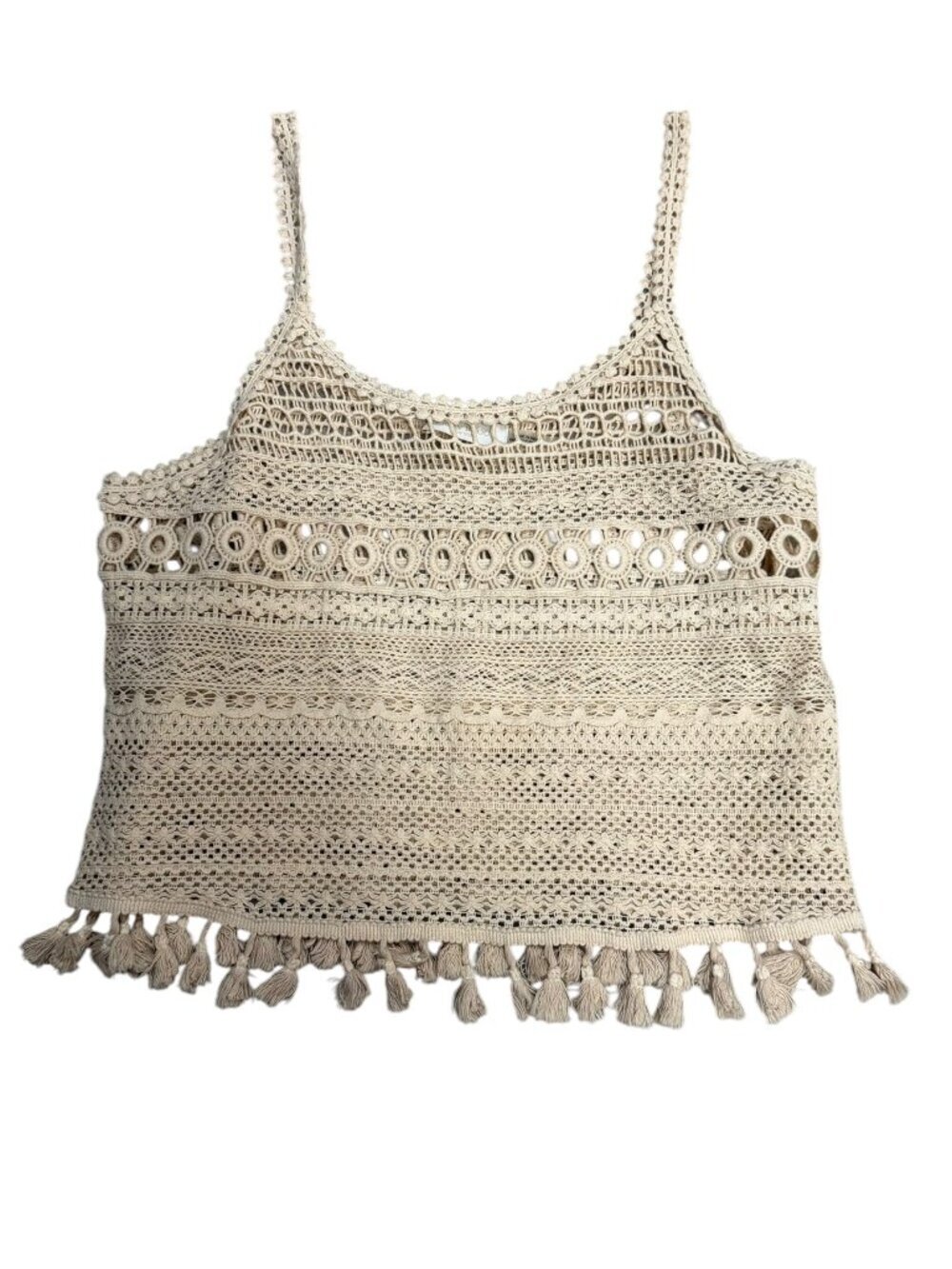 EUC Ramy Brook Beige Crochet Tassel Tank Top S Cotton Boho Festival - Picture 2 of 5